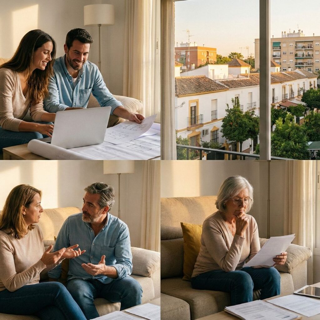 Propietarios de diferentes edades valorando la venta de su vivienda en Sevilla y Aljarafe usando huella digital inmobiliaria