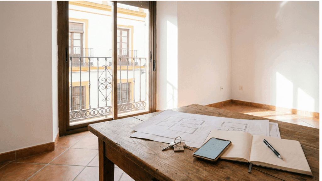 Mesa con planos, llaves y móvil en un piso de Sevilla, preparando la venta de la vivienda con un agente inmobiliario.
