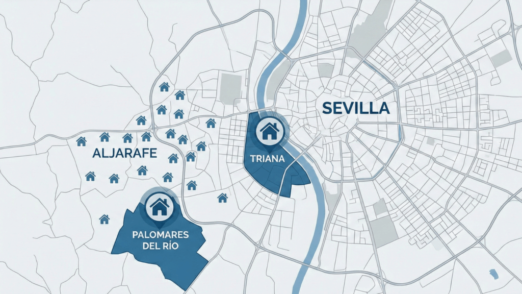 Mapa de Sevilla, Triana, Palomares del Río y Aljarafe, zonas en las que trabajo como agente inmobiliario.