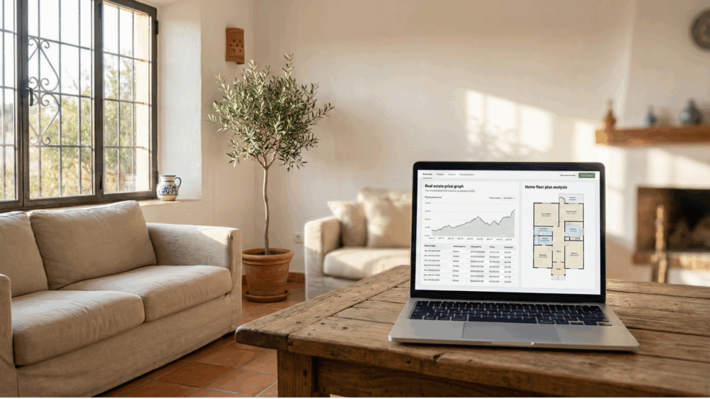 Salón de una vivienda en Sevilla con un portátil mostrando gráficos de precios y plano de la casa para valorar su vivienda.